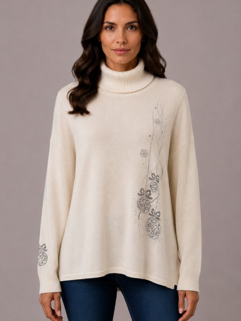 Christine Alexander Women’s L Ivory Rhinestone Floral Turtleneck Sweater